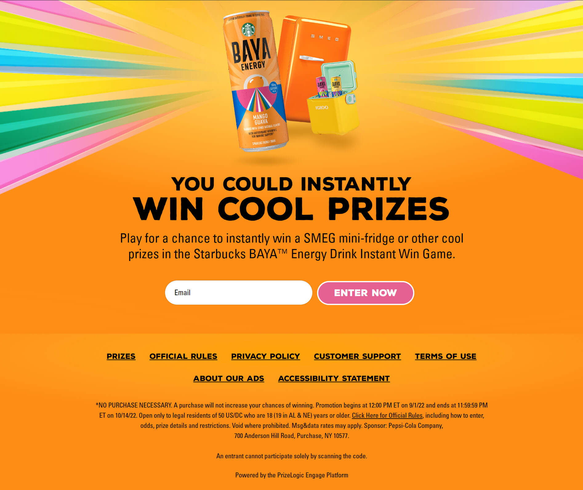 Screenshot of the landing page displays a colorful page with baya merchandise and an enter field where a user can register.